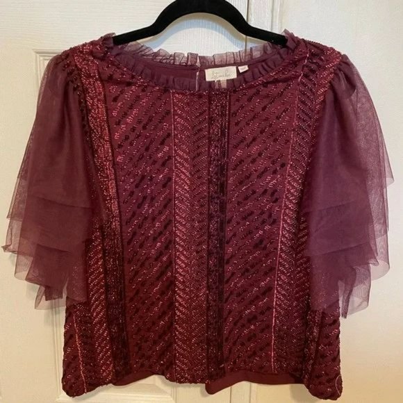 Anthropologie Tops - Let Me Be Wine Red Sequin Top with Tulle Sleeves